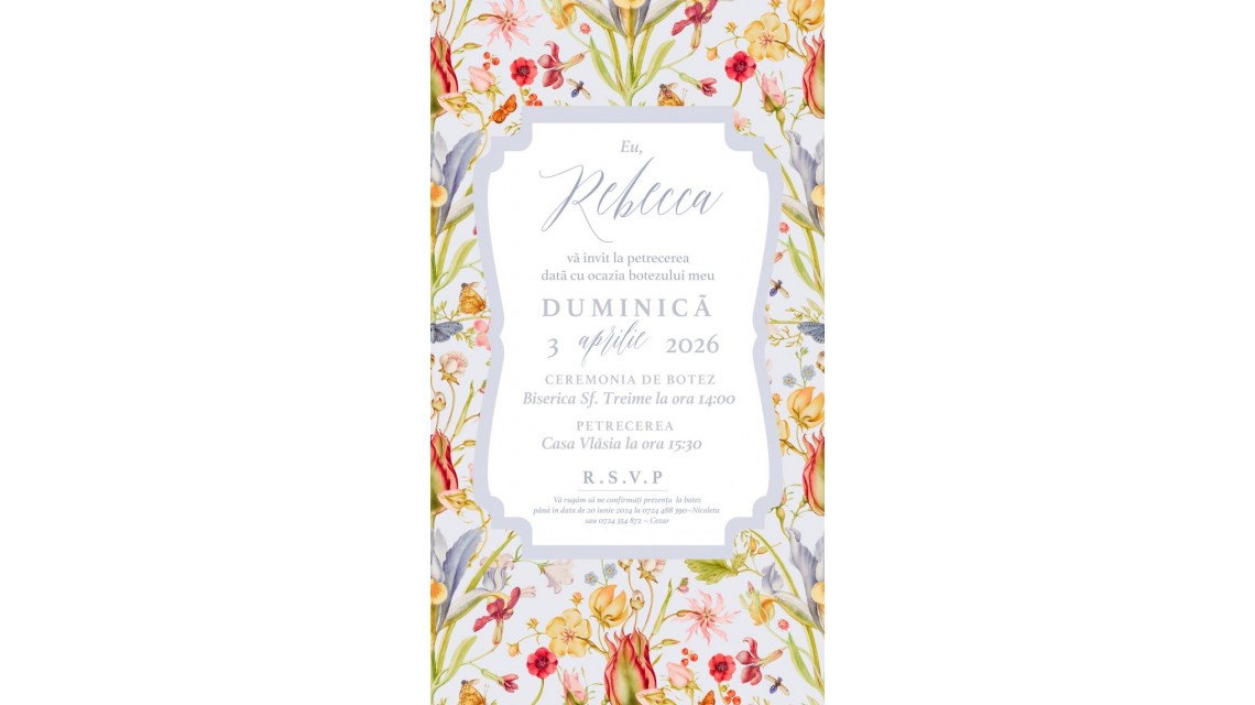 Invitație digitală botez fetiță Flori primăvară cu irisi lila si roz 1